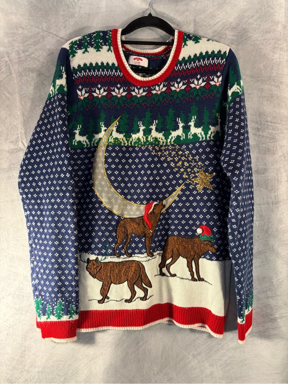Holiday Time Ugly Christmas Sweater Men’s XL Wolves Moon Deer Knit Pullover